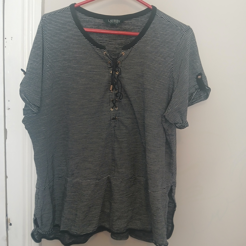 Lauren Ralph Lauren Black and White Striped Short Sleeve Top